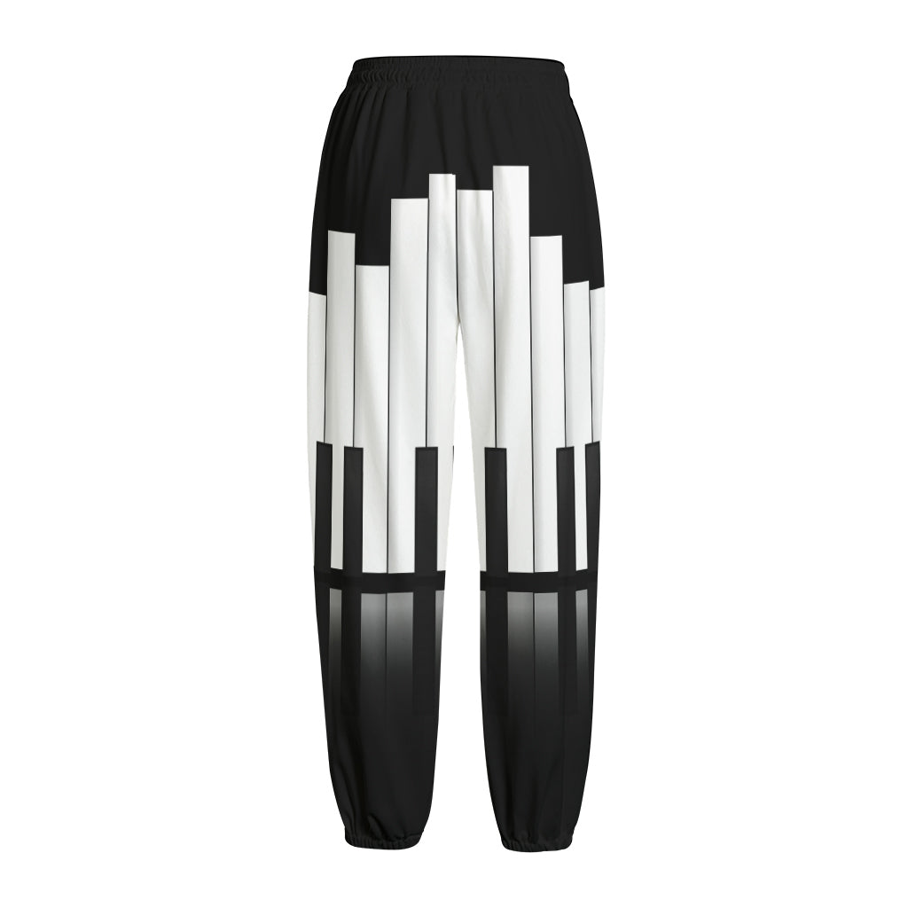 Black And White Piano Keyboard Print Fleece Lined Knit Pants