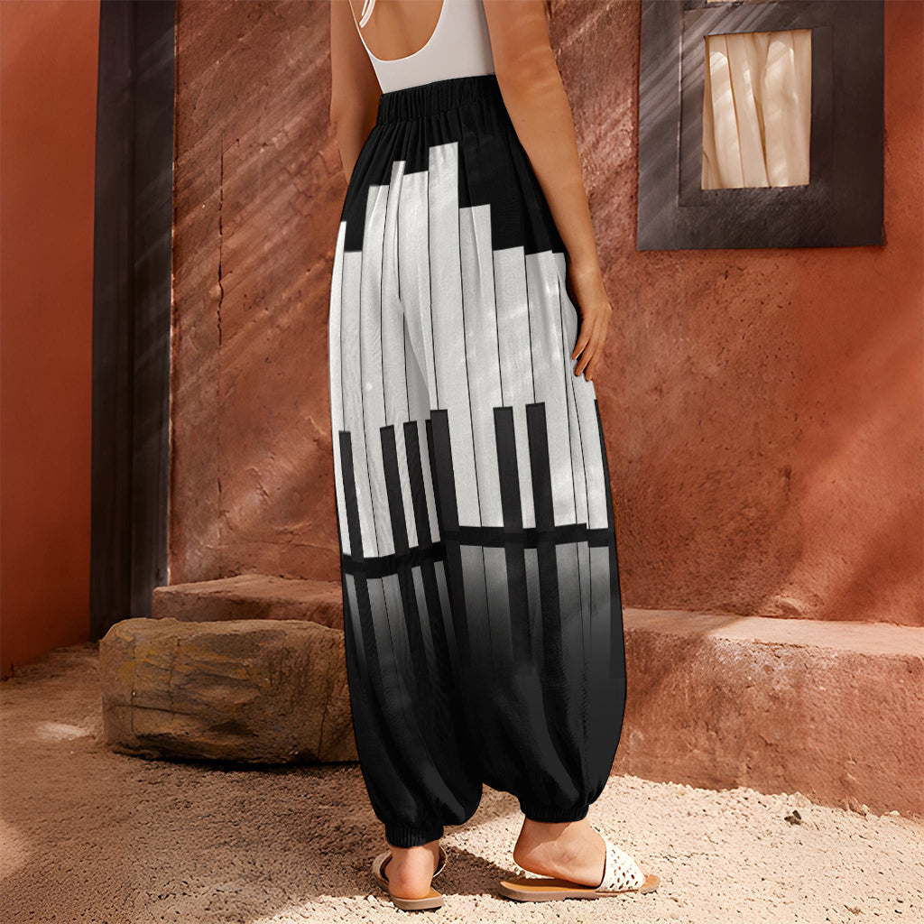 Black And White Piano Keyboard Print Harem Pants