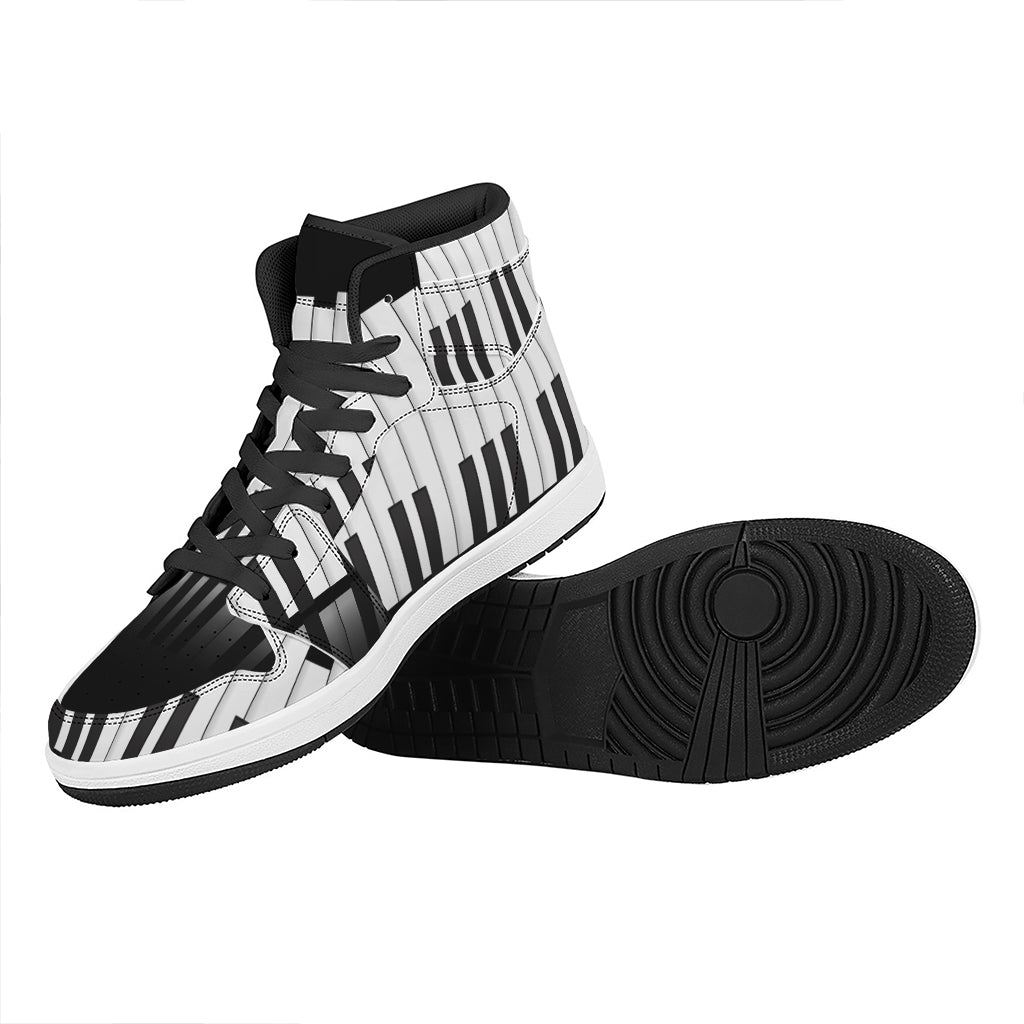 Black And White Piano Keyboard Print High Top Leather Sneakers