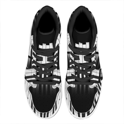 Black And White Piano Keyboard Print High Top Leather Sneakers