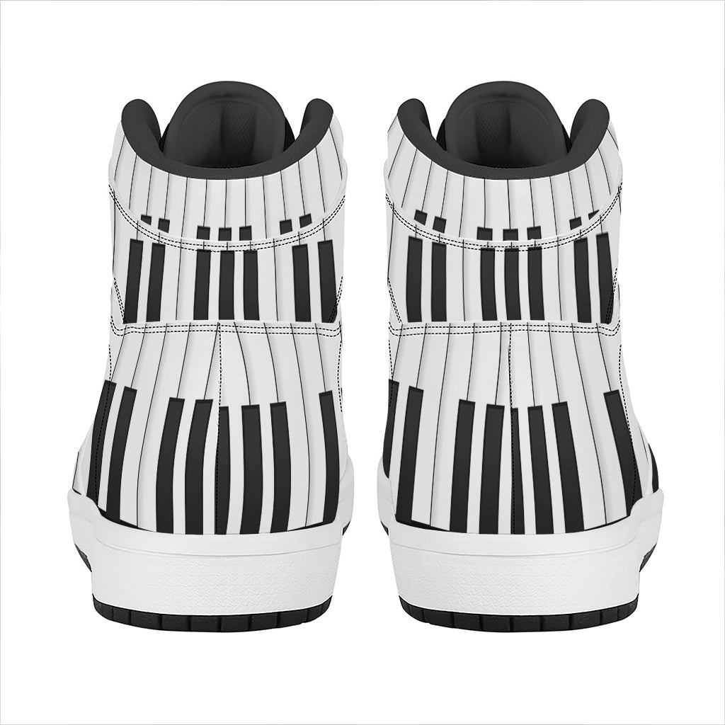 Black And White Piano Keyboard Print High Top Leather Sneakers