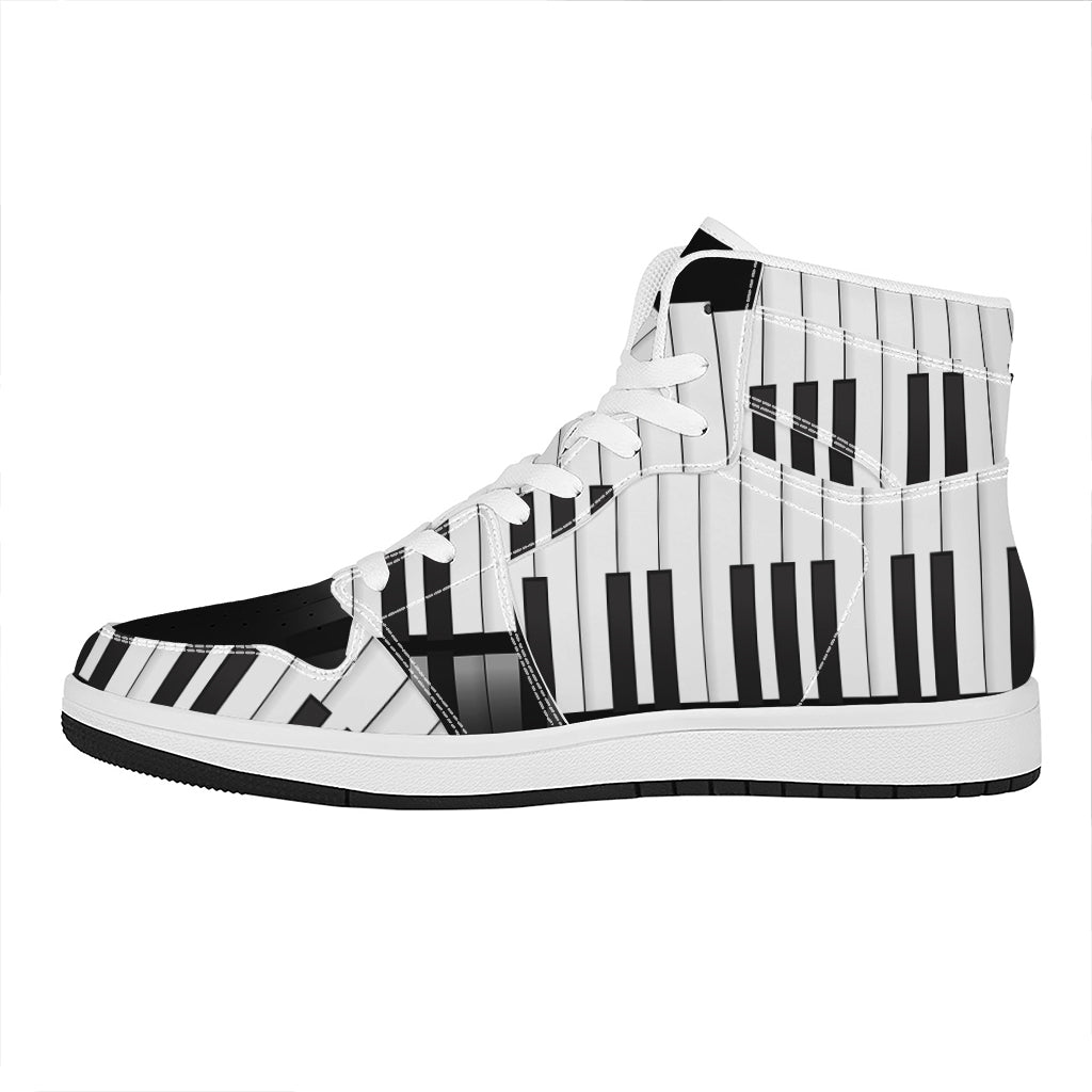 Black And White Piano Keyboard Print High Top Leather Sneakers