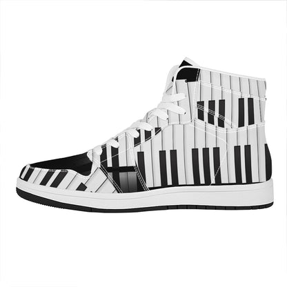 Black And White Piano Keyboard Print High Top Leather Sneakers