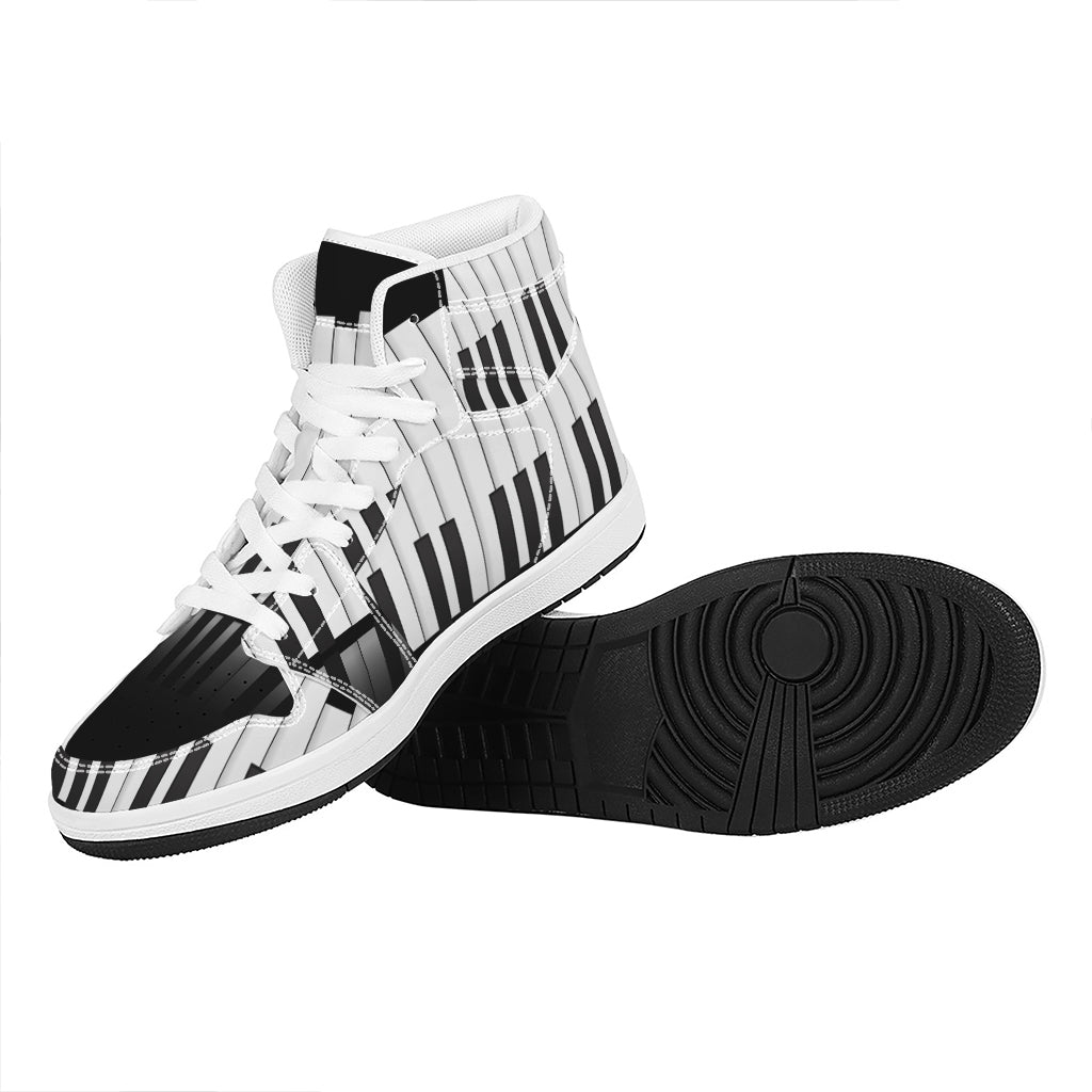 Black And White Piano Keyboard Print High Top Leather Sneakers
