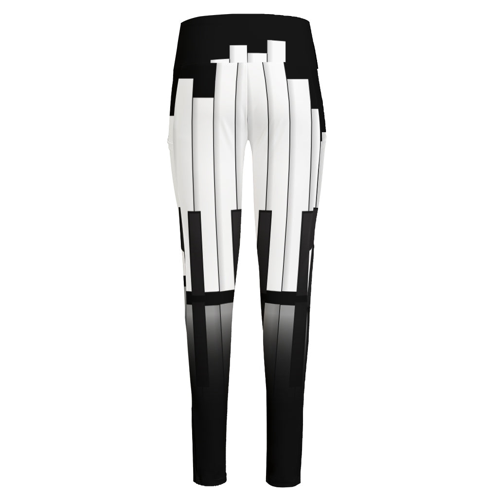 Black And White Piano Keyboard Print High-Waisted Pocket Leggings