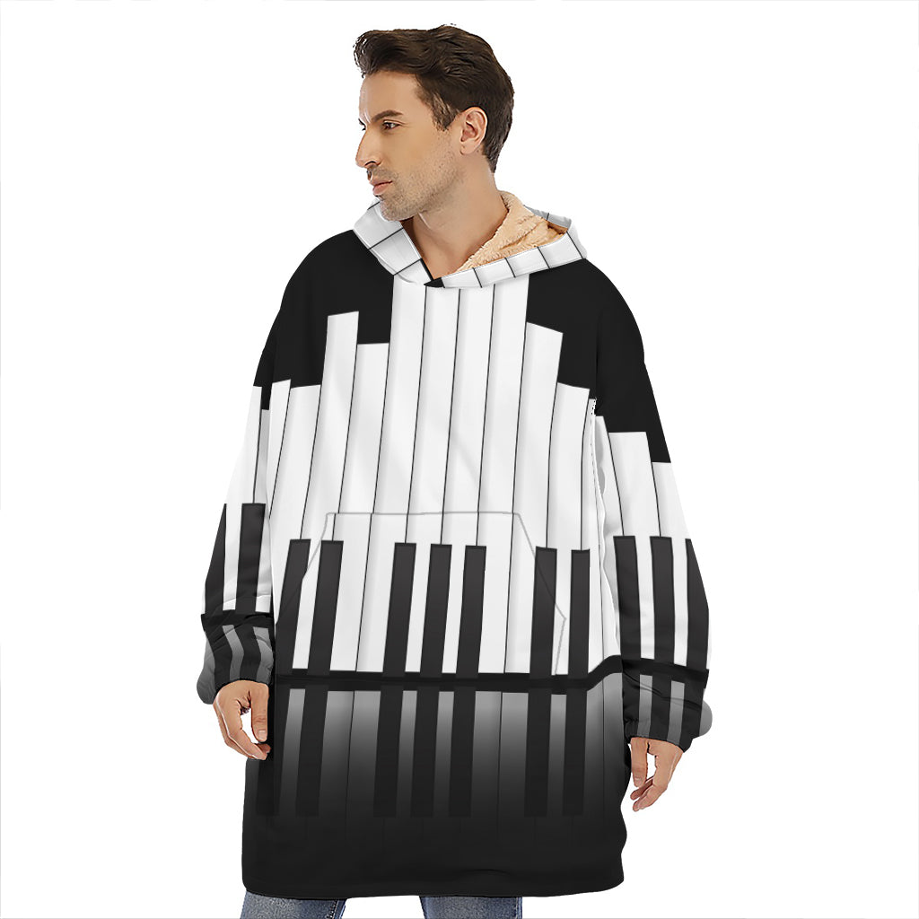 Black And White Piano Keyboard Print Hoodie Blanket