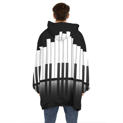 Black And White Piano Keyboard Print Hoodie Blanket