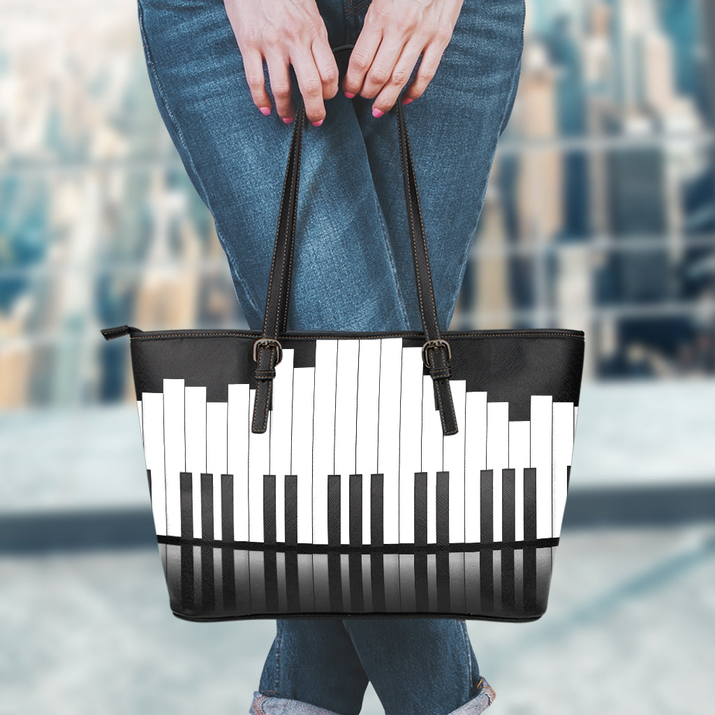 Black And White Piano Keyboard Print Leather Tote Bag