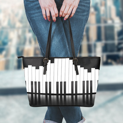 Black And White Piano Keyboard Print Leather Tote Bag