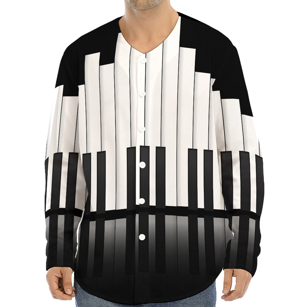 Black And White Piano Keyboard Print Long Sleeve Baseball Jersey