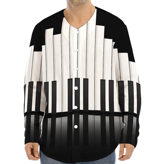 Black And White Piano Keyboard Print Long Sleeve Baseball Jersey