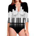 Black And White Piano Keyboard Print Long Sleeve Swimsuit