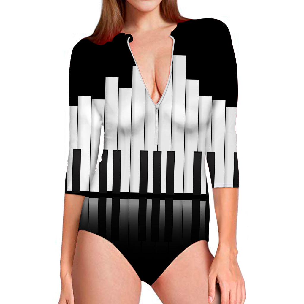 Black And White Piano Keyboard Print Long Sleeve Swimsuit