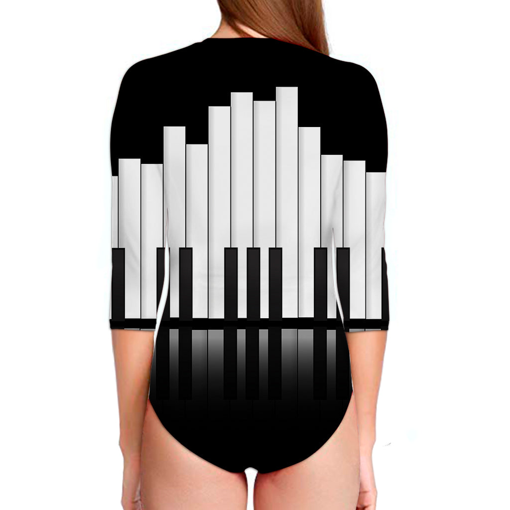 Black And White Piano Keyboard Print Long Sleeve Swimsuit