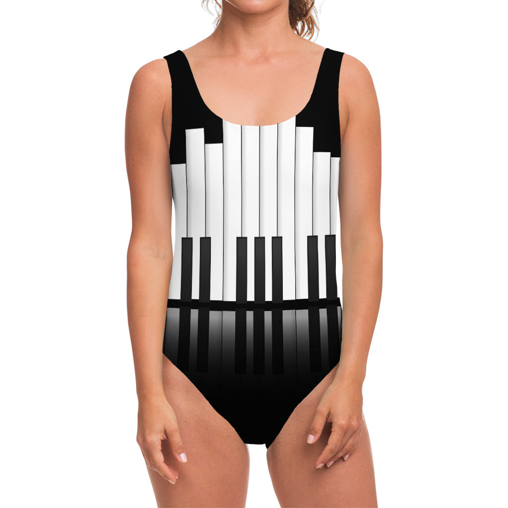Black And White Piano Keyboard Print One Piece Swimsuit