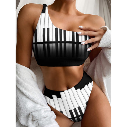 Black And White Piano Keyboard Print One Shoulder Bikini Top