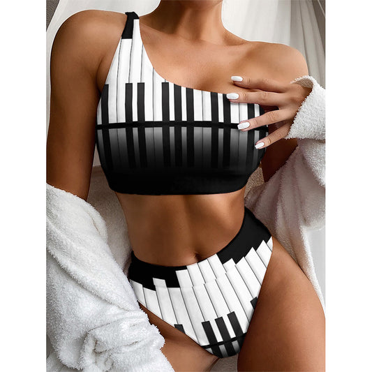 Black And White Piano Keyboard Print One Shoulder Bikini Top