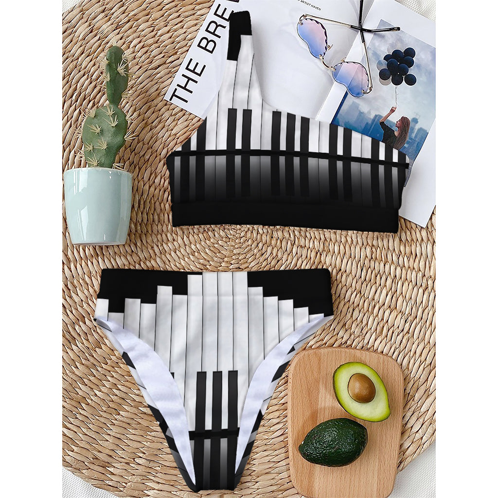 Black And White Piano Keyboard Print One Shoulder Bikini Top