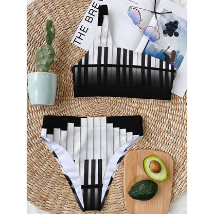 Black And White Piano Keyboard Print One Shoulder Bikini Top