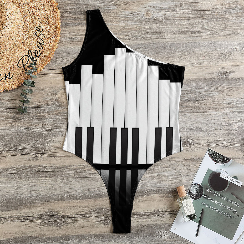 Black And White Piano Keyboard Print One Shoulder Bodysuit
