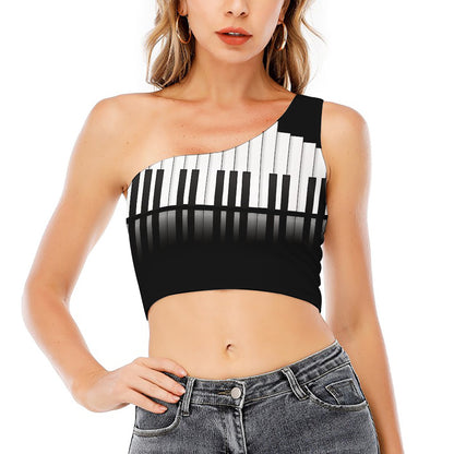 Black And White Piano Keyboard Print One Shoulder Crop Top