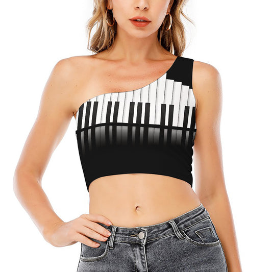 Black And White Piano Keyboard Print One Shoulder Crop Top