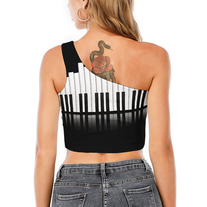 Black And White Piano Keyboard Print One Shoulder Crop Top