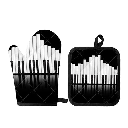 Black And White Piano Keyboard Print Oven Mitt And Pot Holder Set