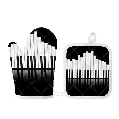 Black And White Piano Keyboard Print Oven Mitt And Pot Holder Set