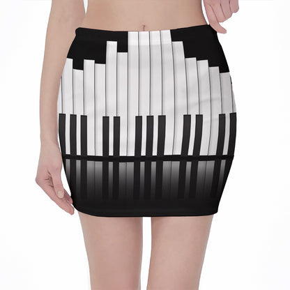 Black And White Piano Keyboard Print Pencil Mini Skirt