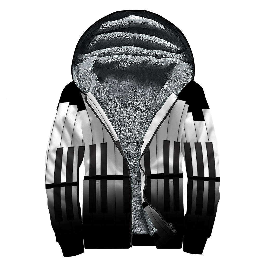 Black And White Piano Keyboard Print Sherpa Lined Zip Up Hoodie