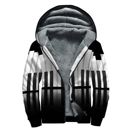 Black And White Piano Keyboard Print Sherpa Lined Zip Up Hoodie