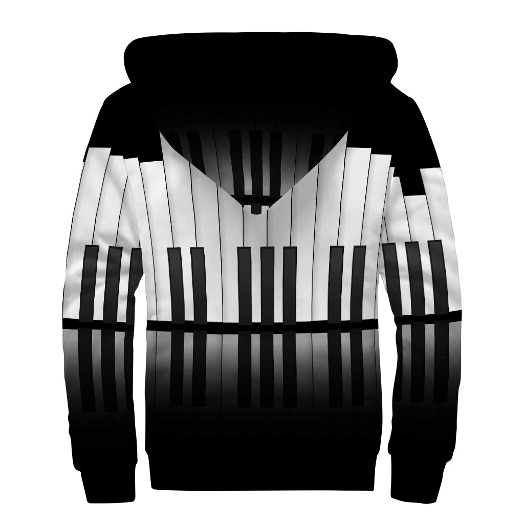 Black And White Piano Keyboard Print Sherpa Lined Zip Up Hoodie