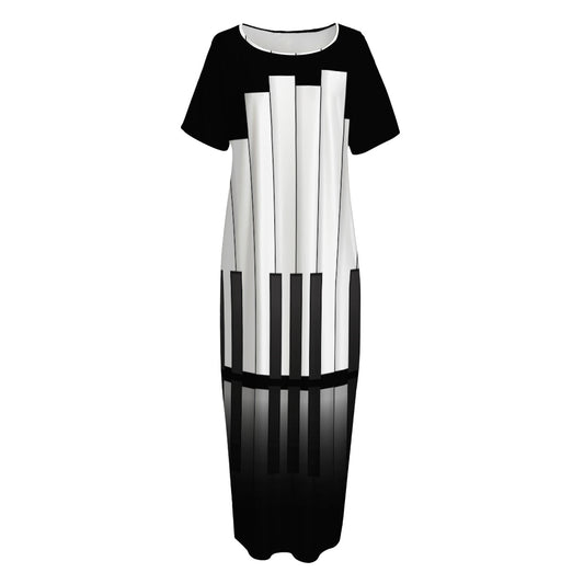 Black And White Piano Keyboard Print Short Sleeve Long Nightdress