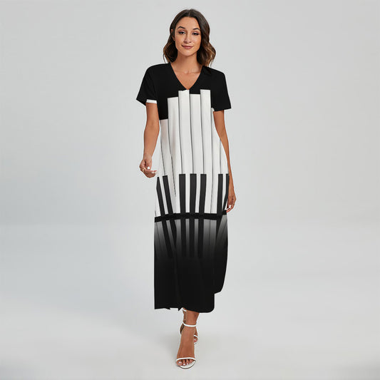 Black And White Piano Keyboard Print Short Sleeve Maxi Dress