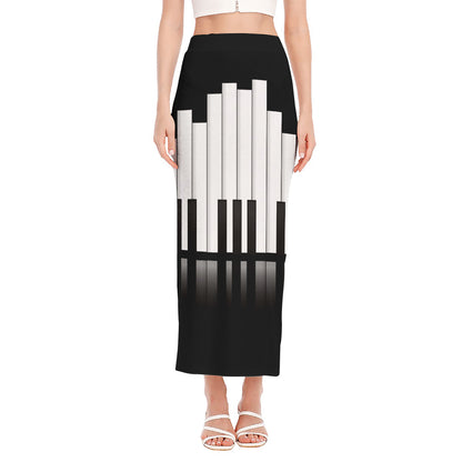 Black And White Piano Keyboard Print Side Slit Maxi Skirt