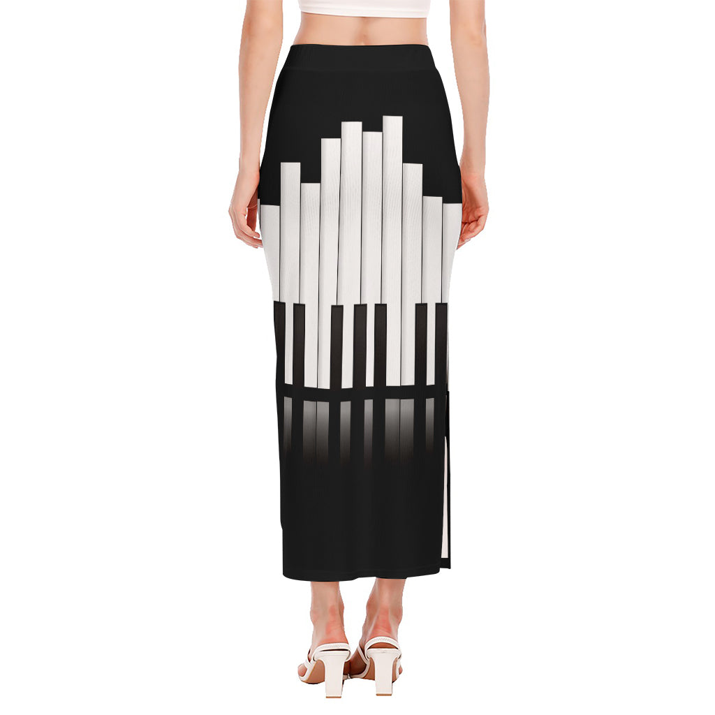 Black And White Piano Keyboard Print Side Slit Maxi Skirt