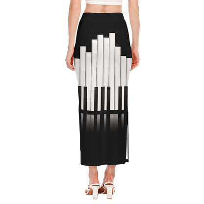 Black And White Piano Keyboard Print Side Slit Maxi Skirt