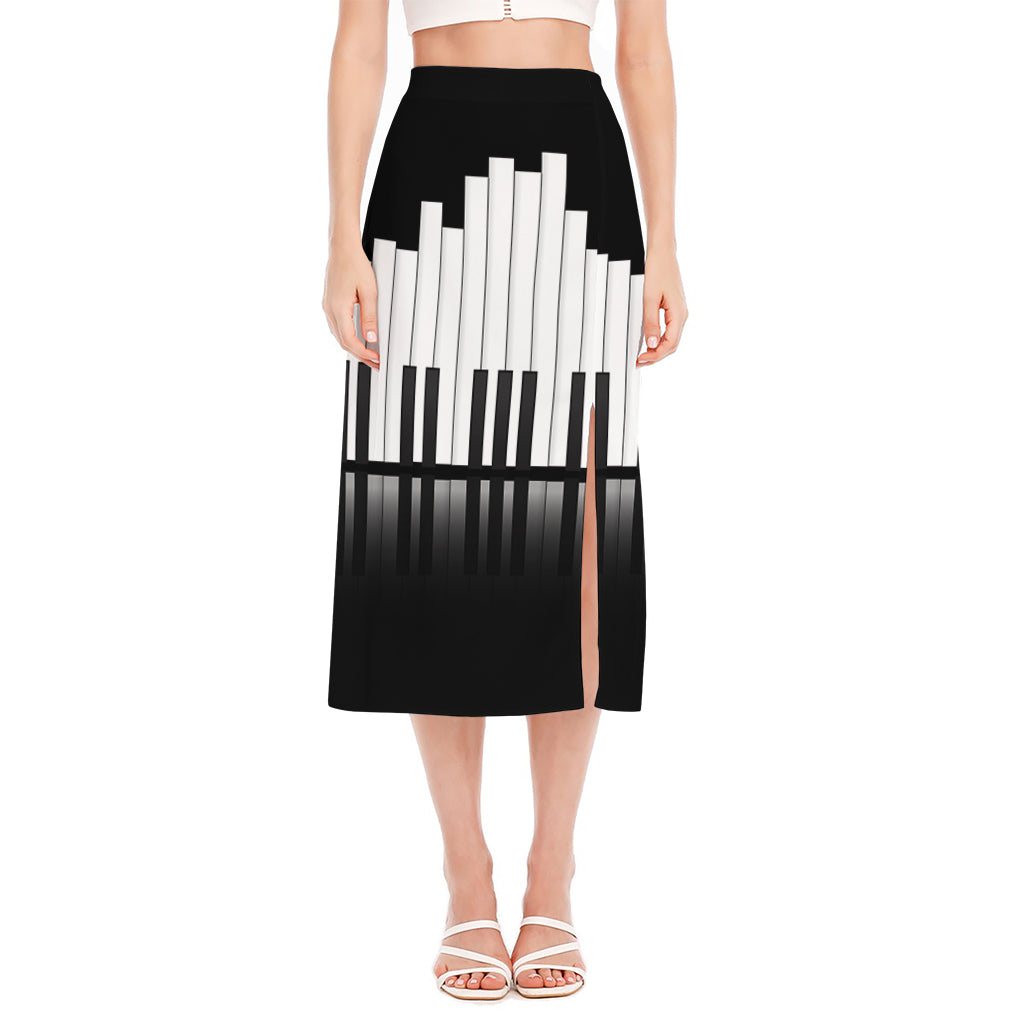Black And White Piano Keyboard Print Side Slit Midi Skirt