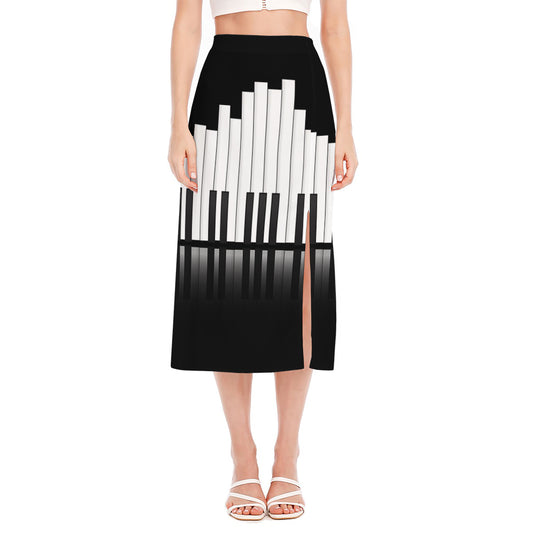 Black And White Piano Keyboard Print Side Slit Midi Skirt