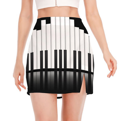 Black And White Piano Keyboard Print Side Slit Mini Skirt