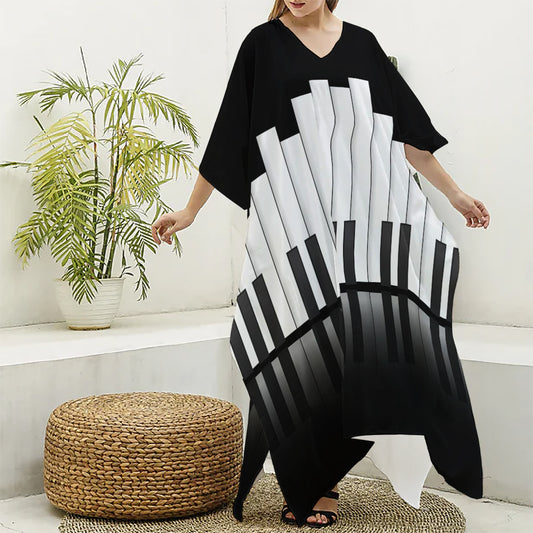 Black And White Piano Keyboard Print Silk V-Neck Kaftan Dress