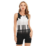 Black And White Piano Keyboard Print Sleeveless One Piece Swimsuit