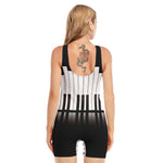 Black And White Piano Keyboard Print Sleeveless One Piece Swimsuit