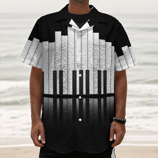 Black And White Piano Keyboard Print Textured Short Sleeve Shirt