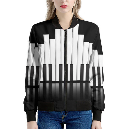 Black And White Piano Keyboard Print Women's Bomber Jacket