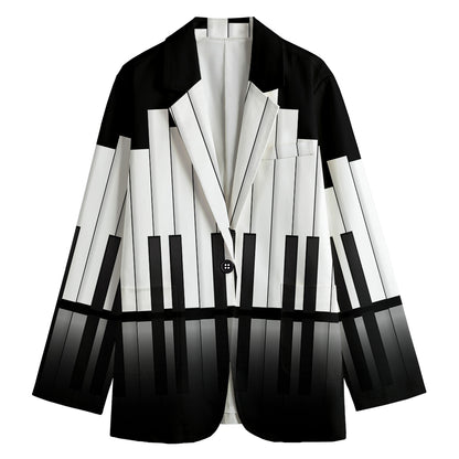 Black And White Piano Keyboard Print Women's Cotton Blazer