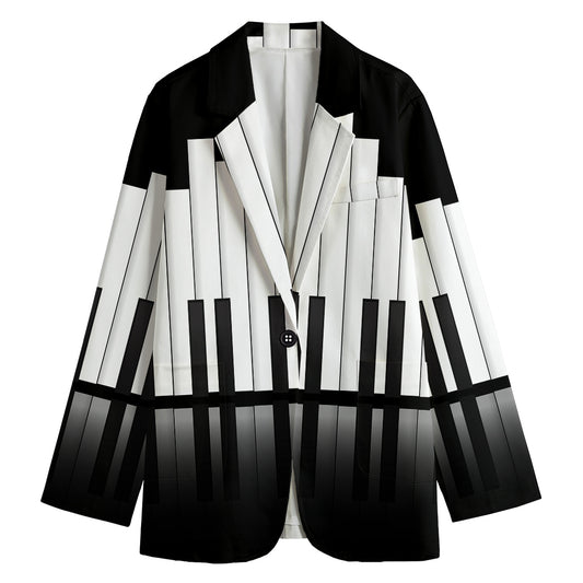 Black And White Piano Keyboard Print Women's Cotton Blazer