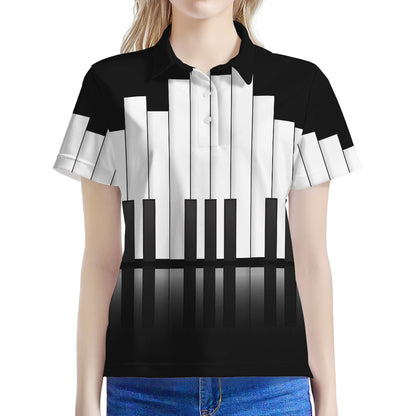 Black And White Piano Keyboard Print Women's Polo Shirt