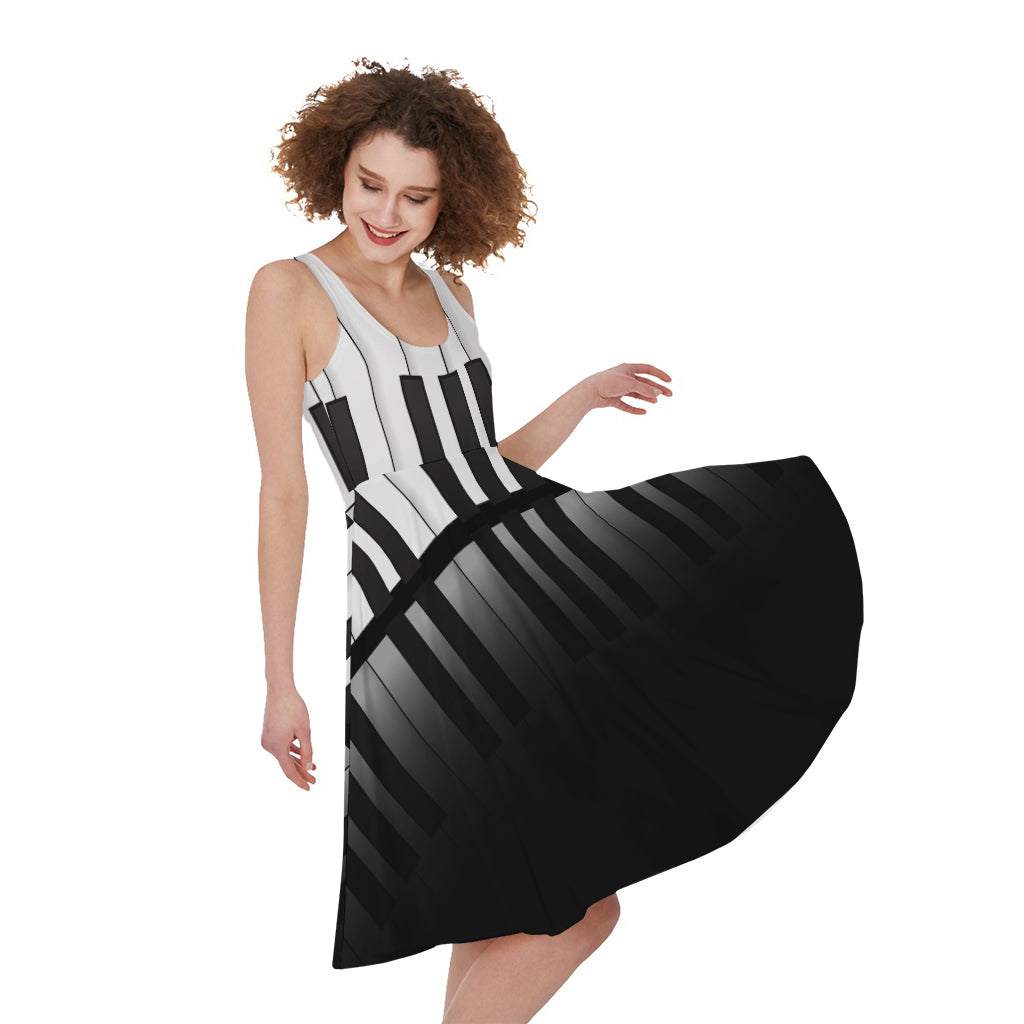 Black And White Piano Keyboard Print Women's Sleeveless Dress